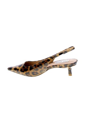 Pantofole con tacco a forma di slingback in stampa leopardata, con punta affilata, finitura lucida, tacco di 5 cm e dettagli laterali con tagli.