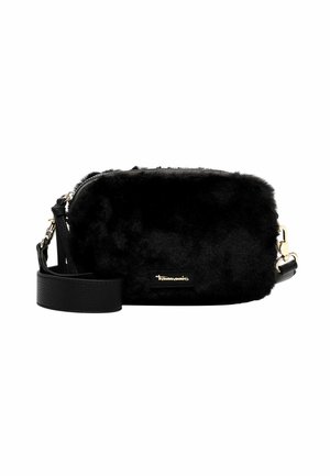 Black faux fur crossbody bag with a zip closure, gold-tone hardware, and a detachable black leather strap. Features a logo emblem.