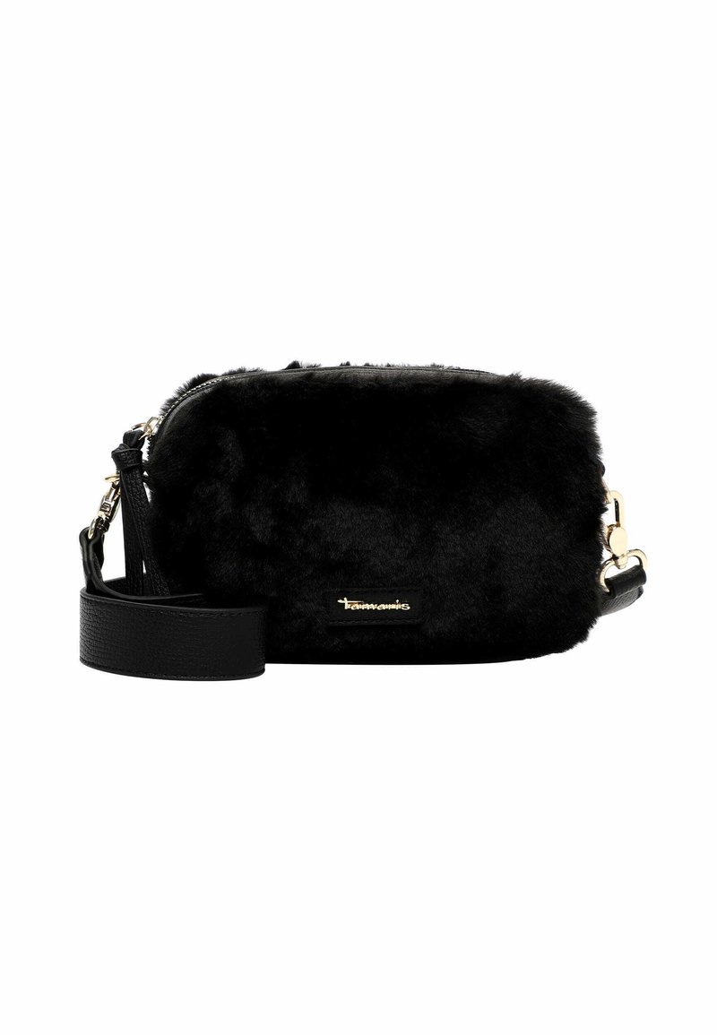Borsa a tracolla in finta pelliccia nera con chiusura a zip, hardware in tonalità oro e tracolla in pelle nera staccabile. Presenta un emblema del logo.