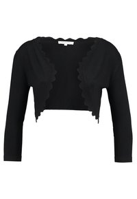 Černý zkrácený cardigan vyrobený z měkké tkaniny, s vykrojeným otevřeným designem vpředu a dlouhými rukávy. Hladká textura a minimalistický styl.