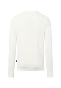 Weißer gestrickter Pullover mit langen Ärmeln, ausgestattet mit einem strukturierten Muster, rundem Ausschnitt und gerippten Bündchen sowie unterem Saum.