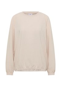 Jasnobeżowa bluzka z długim rękawem, wykonana z teksturowanej, lekko pomarszczonej tkaniny. Posiada okrągły dekolt oraz ściągacze na mankietach i na dole. Widoczna metka marki.