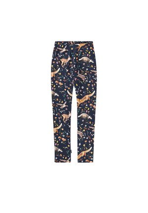Marineblaue Leggings mit bunten Waldtieren und floralen Mustern, darunter Dachse, Füchse, Eichhörnchen, Kaninchen und Vögel.