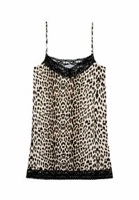 Top z leopardjim vzorom iz tkanine z črnim čipkastim obrobom. Ima tanke naramnice, sproščen kroj in gladko teksturo po vsej površini.