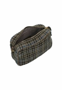 Pochette in tessuto a motivo pied de poule marrone e blu con cerniera dorata, rifiniture in pelle e un ampio interno spazioso.