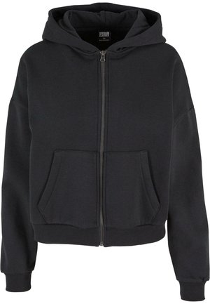 Svart hettegenser med glidelås, snor i hetten, to frontlommer, ribbestrikket mansjetter og en myk tekstur, designet for komfort og varme.