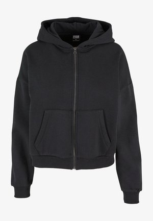 Hoodie zippé noir avec capuche à cordon, deux poches avant, poignets côtelés et texture douce, conçu pour le confort et la chaleur.