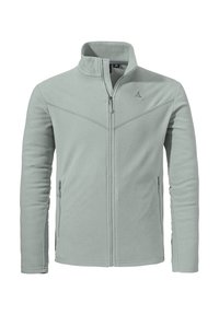 Hellgrüner Fleece-Jacke mit hohem Kragen, Frontreißverschluss und zwei Seitentaschen. Verfügt über subtile Nähdetails und ein Logo auf der Brust.