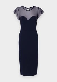 Marinblå klänning med en figursydd silhuett, transparenta meshsleevs och en hjärtformad halsringning, med ett utskuret nyckelhål i ryggen.