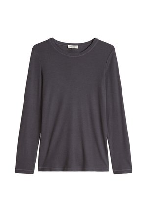 Chemise à manches longues gris foncé, col rond, design uni, en tissu côtelé, présentée sur fond blanc.