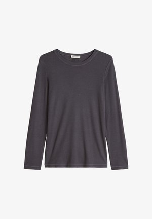 Chemise à manches longues gris foncé, col rond, design uni, en tissu côtelé, présentée sur fond blanc.