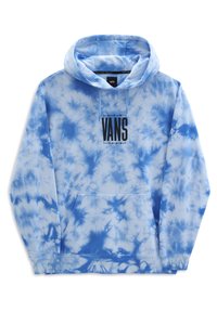 Felpa con cappuccio blu tie-dye, dotata di tasca a marsupio, cappuccio regolabile e grafica frontale nera con la scritta "VANS." Tessuto morbido.