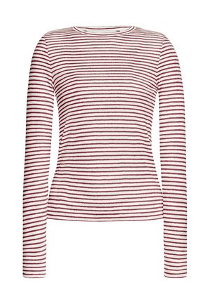 Long-sleeve striped top in red and white. Features a round neck and a fitted design with a soft, smooth texture.