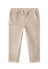 Pantaloni bej din corduroy cu talie ajustabilă, două buzunare frontale și textură verticală nervurată, concepuți pentru confort și ținute casuale.