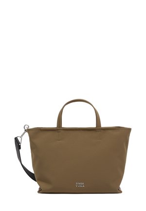 Brązowa prostokątna torba na ramię z dwoma krótkimi uchwytami i odpinanym czarnym paskiem na ramię, z logo "Bimba y Lola" z przodu.