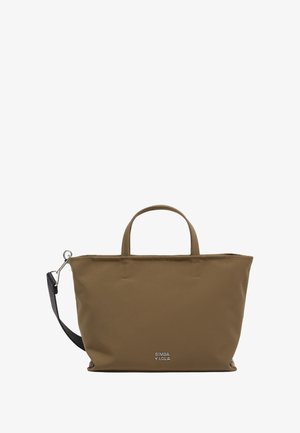 Bolso tote rectangular marrón con dos asas cortas y una correa de hombro negra desmontable, con el logo "Bimba y Lola" en el frontal.