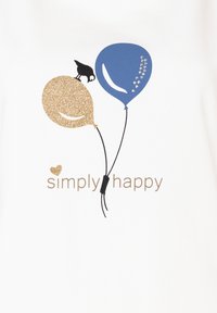 White fabric features two balloons: a gold sparkly balloon and a blue balloon. A black bird perches on the gold balloon. Text reads "simply happy."