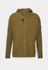 Veste légère à capuche couleur vert olive avec fermeture éclair intégrale à l'avant, poches latérales et petit logo sur la poitrine gauche.