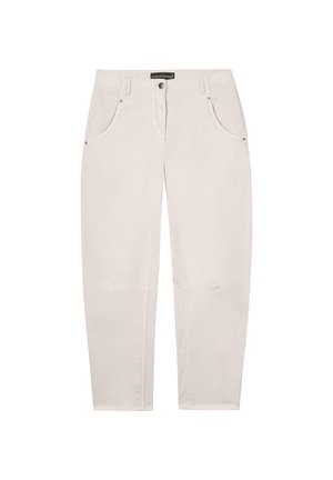 Light beige pants made of cotton, featuring a straight leg design, five pockets, and metal accents. Minimalist style with no visible patterns.