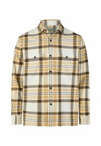 Langärmeliges Hemd mit Knopfleiste, braun-beige-weiß kariertem Muster und zwei knöpfbaren Brusttaschen.