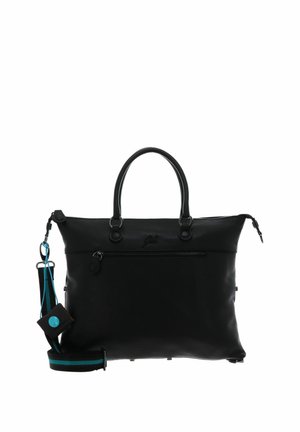 Borsa tote in pelle nera con manici doppi, tasca frontale con zip e tracolla staccabile a righe nere e blu con piccolo sacchetto.