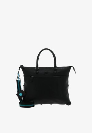 Borsa tote in pelle nera con manici doppi, tasca frontale con zip e tracolla staccabile a righe nere e blu con piccolo sacchetto.
