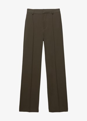 Hnědé široké kalhoty s hladkým povrchem, se zvýrazněným předním záhybem, zapínáním na zip a poutky na pásek. Vyrobeny z lehkého tkaného materiálu.