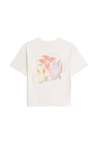 Βαμβακερό t-shirt σε μπεζ με κοντά μανίκια, με πολύχρωμο σχέδιο λουλουδιών στην πλάτη και κείμενο.