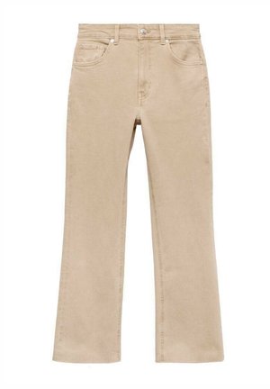 Jeans beige a campana in cotone, dotati di cinque tasche, passanti per la cintura e chiusura anteriore con bottone e zip. Texture liscia, design casual.