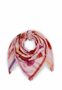 Sjaal met bloemenpatroon in tinten roze, met rode, oranje en paarse bloemen. Zacht materiaal, franjes aan de randen, vierkante vorm, decoratieve rand.