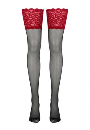 Bas noirs transparents montants jusqu'à la cuisse avec larges bordures en dentelle rouge à motifs floraux, présentés sur fond blanc.