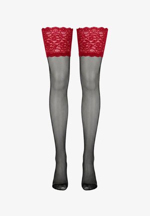 Bas noirs transparents montants jusqu'à la cuisse avec larges bordures en dentelle rouge à motifs floraux, présentés sur fond blanc.