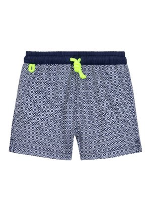 Short de bain bleu marine et blanc à motifs avec taille élastique, cordon vert fluo et curseur de fermeture éclair.