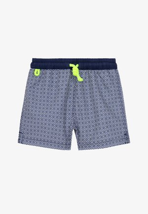Short de bain bleu marine et blanc à motifs avec taille élastique, cordon vert fluo et curseur de fermeture éclair.