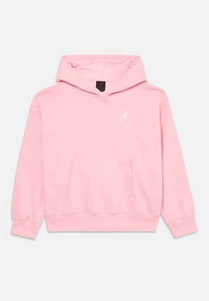 Helle rosa Kapuzenjacke mit Kängurutasche und kleinem weißen Jumpman-Logo auf der Brust, präsentiert auf einem schlichten weißen Hintergrund.