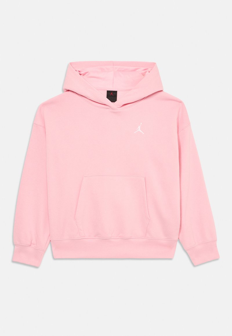 Sudadera rosa clara con bolsillo tipo canguro y pequeño logo blanco de Jumpman en el pecho, exhibida sobre un fondo blanco liso.