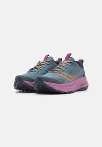 Chaussures de trail running avec un dessus bleu et des accents roses, surface texturée et semelle à forte adhérence, conçues pour la performance en extérieur.