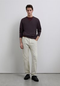 Donkerpaarse V-hals trui over een kastanjebruin overhemd, gecombineerd met crèmekleurige broek en zwarte schoenen, staand voor een neutrale achtergrond.