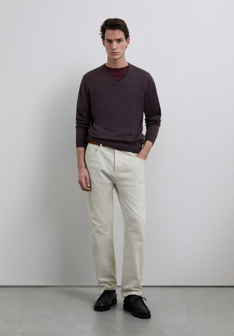 Donkerpaarse V-hals trui over een kastanjebruin overhemd, gecombineerd met crèmekleurige broek en zwarte schoenen, staand voor een neutrale achtergrond.