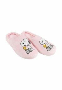 Pantofole di peluche rosa con design di Snoopy e Woodstock, caratterizzate da una texture morbida e una silhouette chiusa sul retro per il massimo comfort.