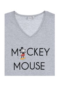 Gray v-neck t-shirt featuring a printed Mickey Mouse graphic in vibrant colors alongside the text "MICKEY MOUSE" in bold black letters.