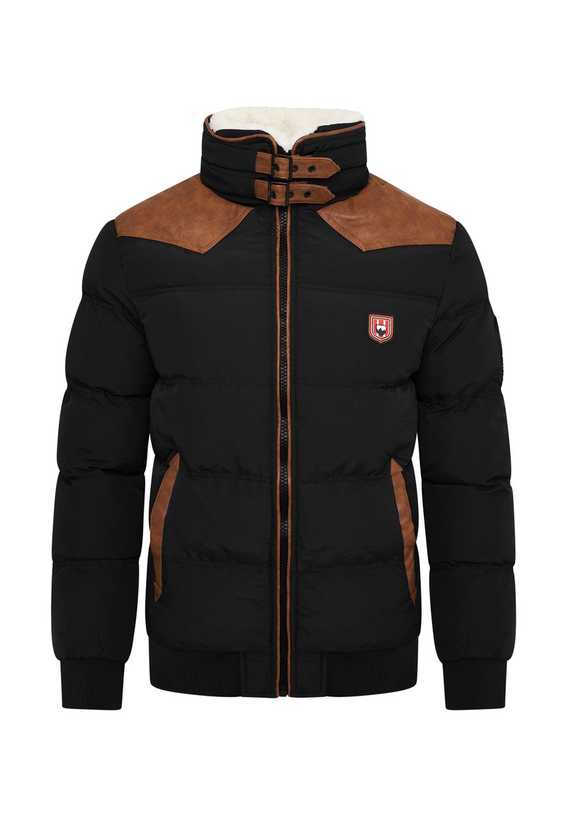 Schwarze Daunenjacke mit braunen Lederakzenten an den Schultern, Reißverschluss, hohem Kragen und gerippten Bündchen und Saum. Mit Logo auf der Brust.