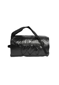Black duffel bag with a shiny, textured finish; features a zip pocket and decorative crisscross stitching; includes sturdy handles.