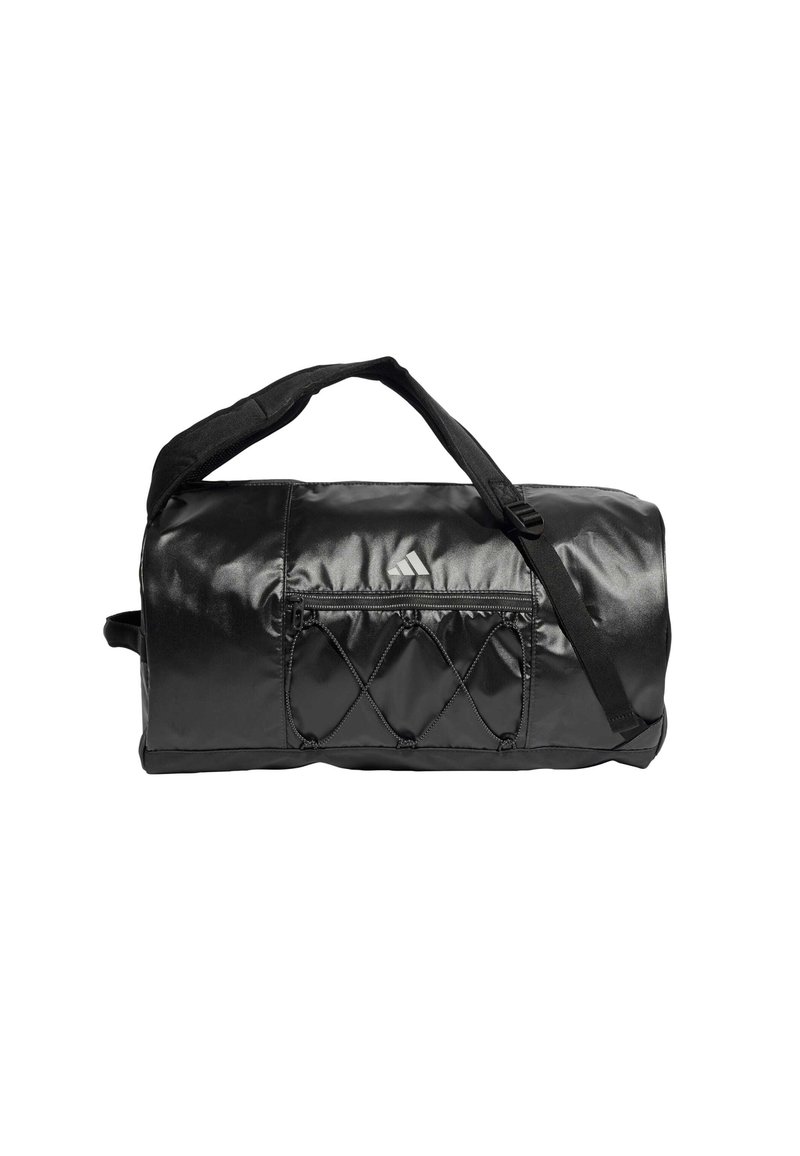 Black duffel bag with a shiny, textured finish; features a zip pocket and decorative crisscross stitching; includes sturdy handles.