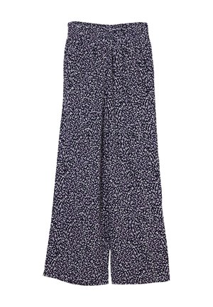 Weite Hosen mit schwarzem Stoff und kleinem weißem unregelmäßigem Punktmuster, mit elastischem Bund.