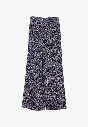Pantalon à jambes larges en tissu noir avec un motif de petits points blancs irréguliers, doté d'une taille élastique.