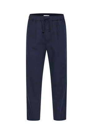 Navy blue casual pants with elastic waistband and drawstring, straight leg fit, and side pockets.