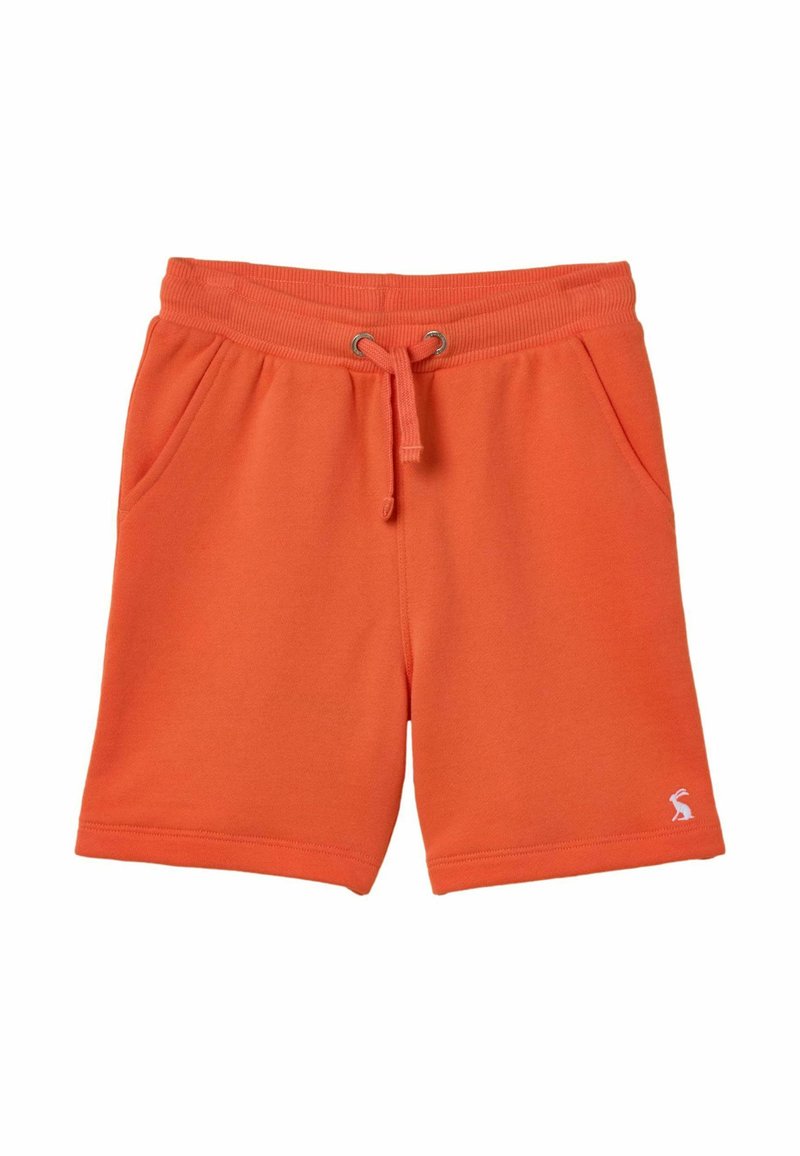 Orangefarbene Baumwollshorts mit elastischem Bund, Kordelzug, seitlichen Taschen und kleinem weißem Logo am unteren linken Bein.