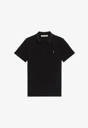 Zwarte poloshirt met korte mouwen, een ribbelkraag met witte strepen en een klein logo op de borst. Gemaakt van gestructureerde katoenen stof.