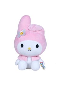 Pluche speelgoed dat lijkt op een personage met een roze kap, een witte lichaam, een gele knop en een bloemenaccent. Zachte textuur, ronde vorm.